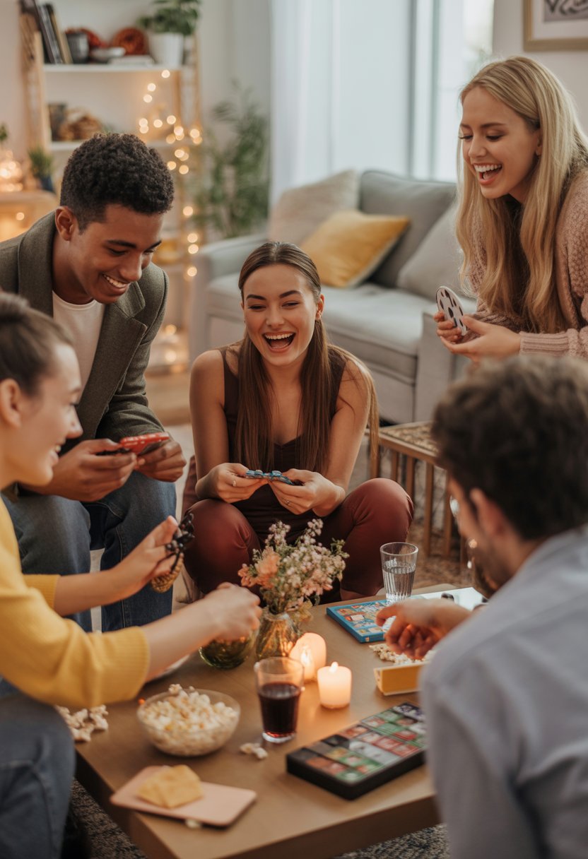 A group of young adults enjoying a casual engagement party playing board games around a decorated table in a cozy living room.